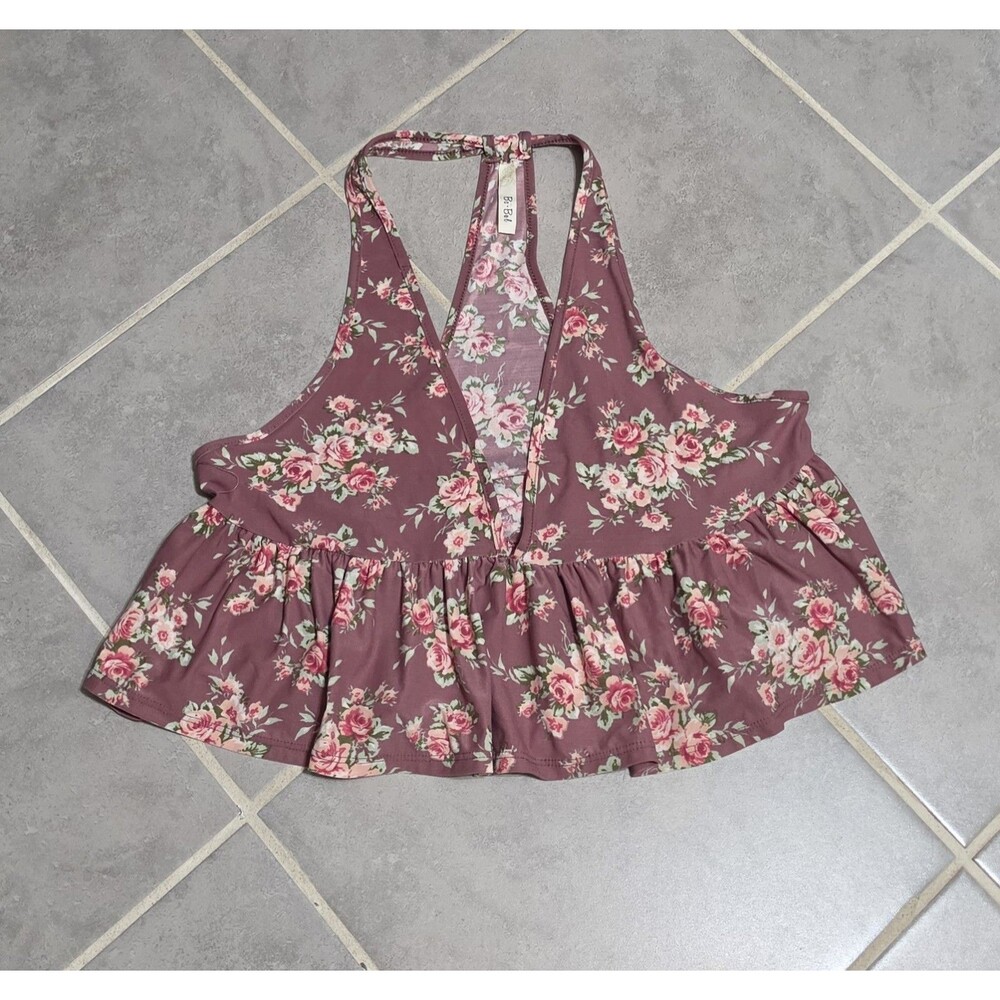 Women's Bo Bel Floral Deep V-Neck Peplum Halter Top - Mauve/Pink